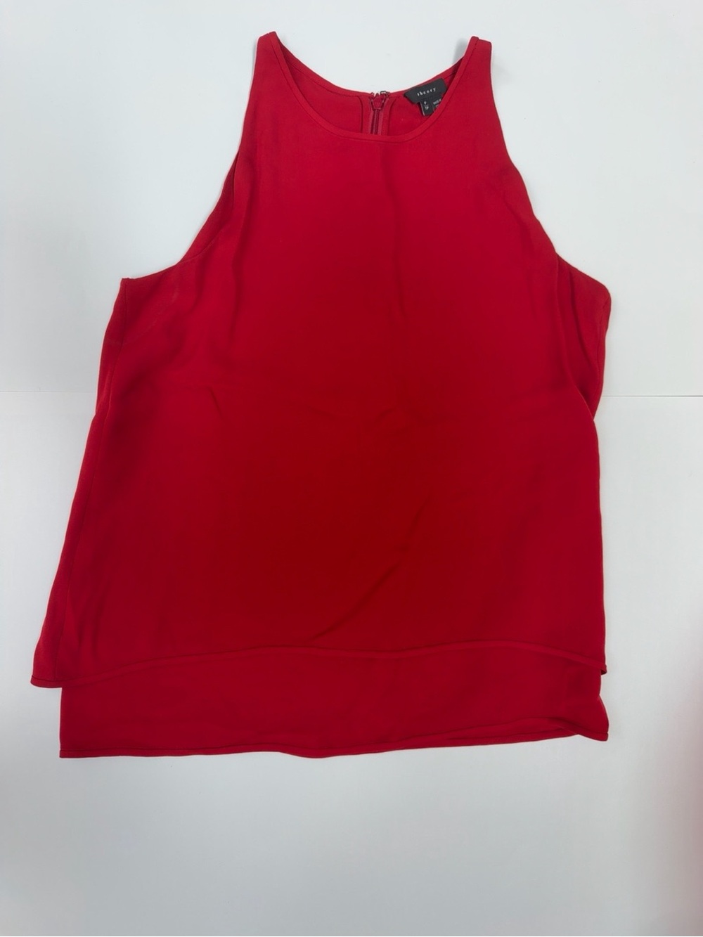 Theory Red Silk Sleeveless Blouse High Neck Back Zip Petite P